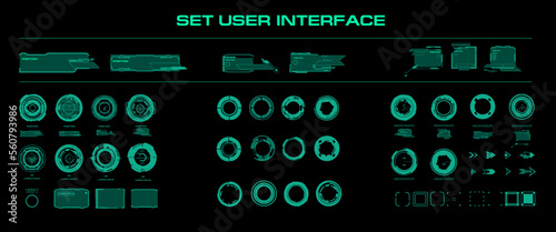 Set futuristic circles, frames and HUD panels. Elements for digital user interface with callout frames and dialog boxes. Futuristic user interface HUD