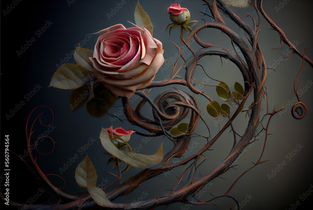 Generative AI design of roses with twisted branches and thorns in dark
