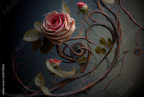 Generative AI: design of roses with twisted branches and thorns in dark background photo