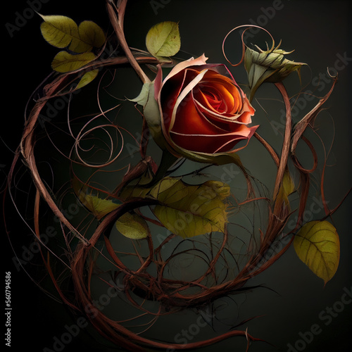 Generative AI: design of roses with twisted branches and thorns in dark background