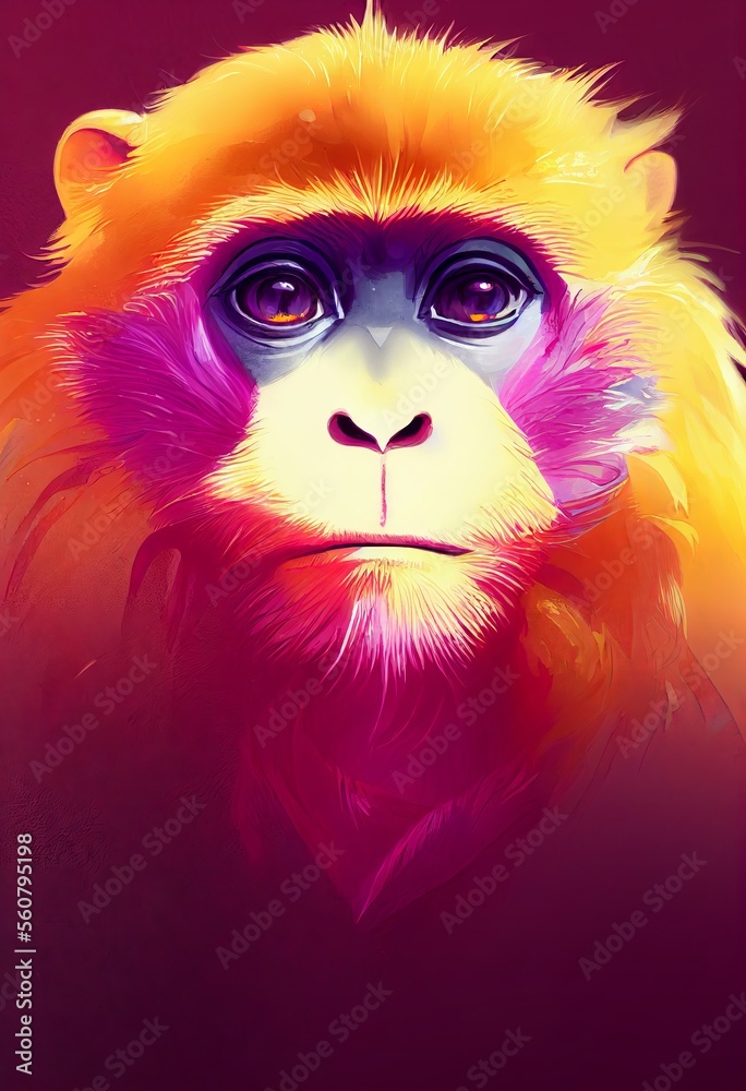 Funny adorable portrait headshot of cute Golden Monkey. African land animal standing facing front. Looking to camera. Watercolor imitation illustration. AI generated vertical artistic poster.