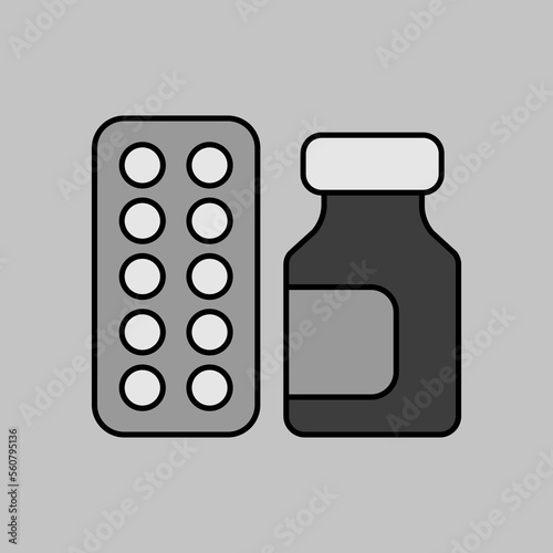 Medicine jar and pills strip vector grayscale icon