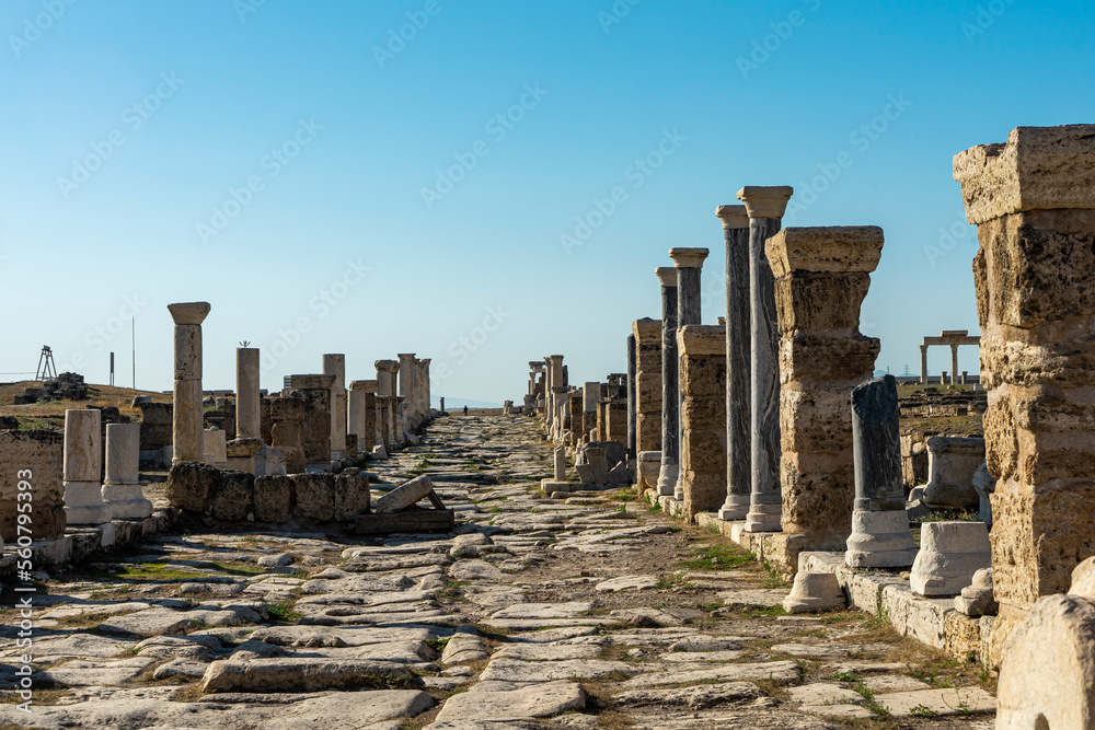 A view looking the Syria Street from the East Byzantine Gate at the ancient Roman site of Laodikeia (Laodicea) near Denizli in Turkey. 
