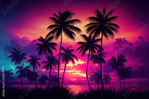 Illustration of a tropical vibrant sunset on the exotic beach. Idyllic getaway with silhouettes of palm trees over the bright colorful sunset 