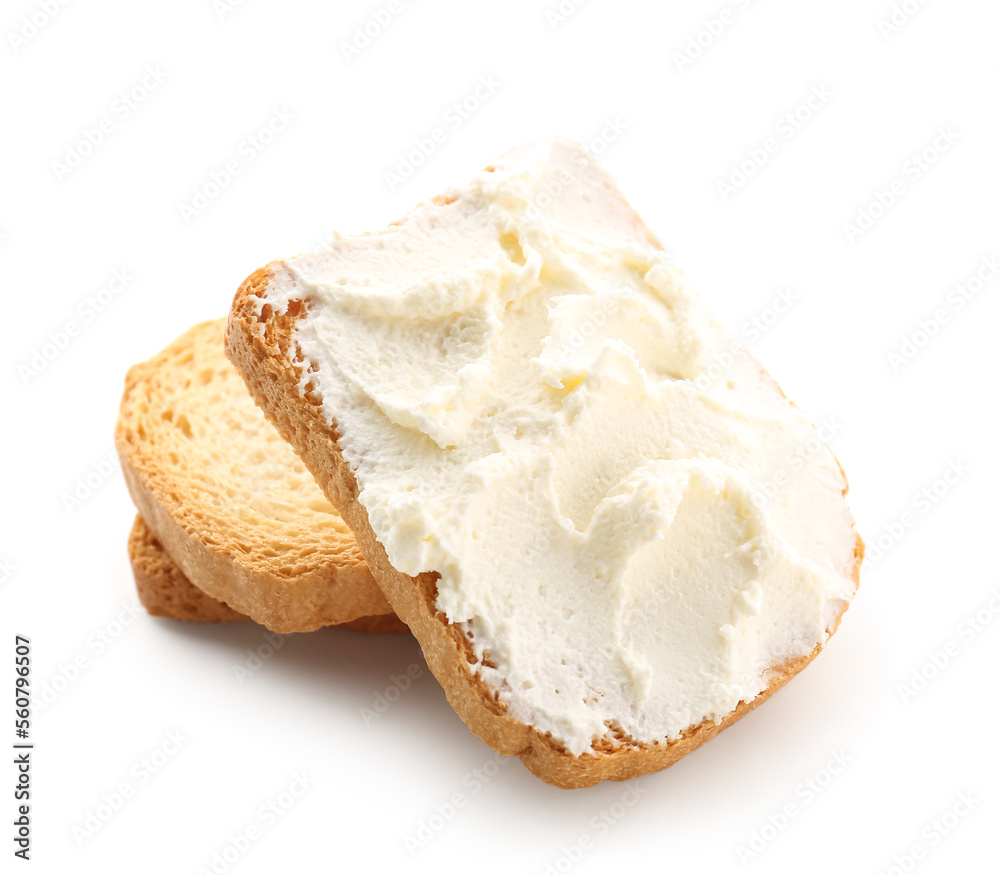 Toasts with tasty cream cheese on white background