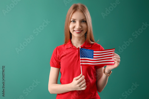 Young redhead woman with US...