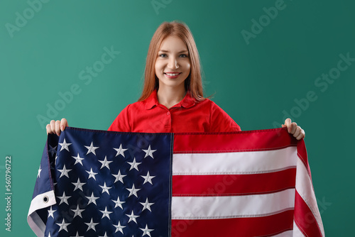 Young redhead woman with US...