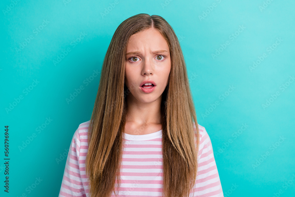 Fototapeta premium Portrait of impressed speechless person open mouth stare questioned isolated on teal color background
