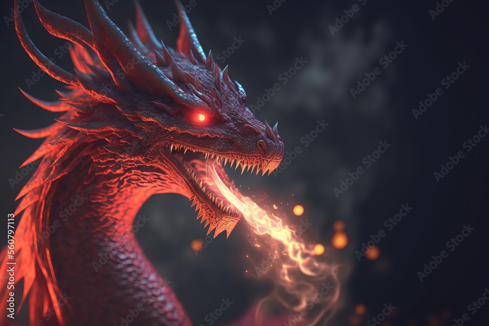 Naklejka premium Red dragon breathing fire in the dark