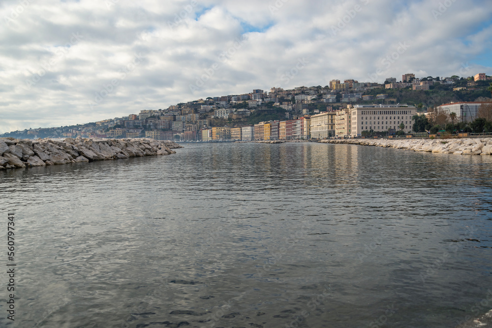 Winter day on the Mediterranean coast. A nice view of the seafront in Naples, Campania, Italy.
