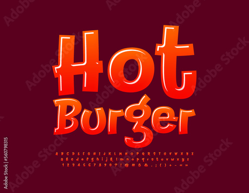Vector tasty Sign Hot Burger. Red Glossy Font. Playful style Alphabet Letters, Numbers and Symbols set