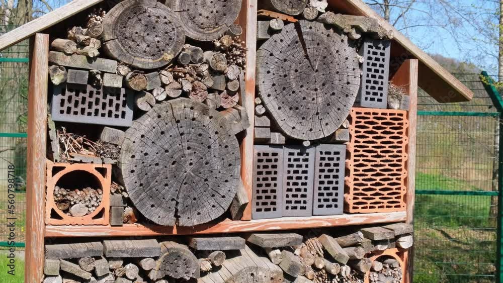 Bees flying and carrying leaf back to Bee Hotel Nest. Bees in insect