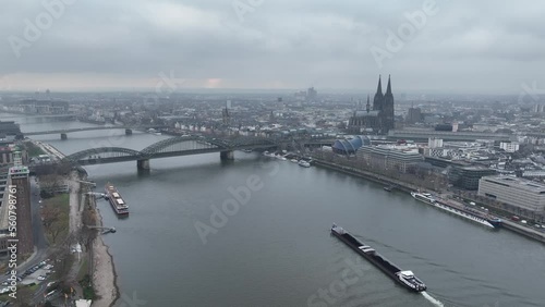 Cologne, Germany. Aerial view of downtown Cologne city center. River rhine, skyline, Cologne Cathedral and the Hohenzollernbrucke. photo