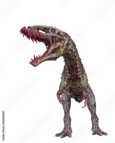 giganotosaurus is a zombie in angry pose and looking around