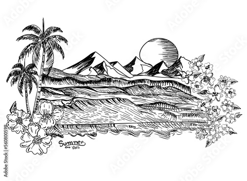 Hand drawn vector Beach sketch with mountain , flowers, palm tree and sun, Panoramic beach view. Vector illustration of seaside promenade with palms, chaise longue, parasol and yachts. Black and white