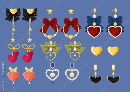 Gold earrings jewelry vector set. Golden heart shaped ruby diamond gemstone pearl and bow ribbon precious accessories vector illustration. Valentine's Day collection. Stud hoop drop dangle earrings