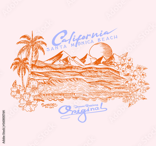 Tropical flowers, palm tree, sun Hand drawn vector Beach sketch with mountain, surfing beach vector landscape, panorama view with waves, sun and seagulls. Illustration of surf board in the sand