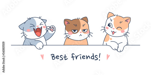 Fototapeta Naklejka Na Ścianę i Meble -  Three cute cats with different emotions and lettering best friends