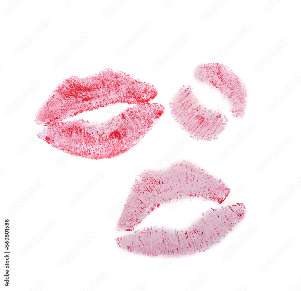 Fototapeta premium Red lipstick kiss marks on white background