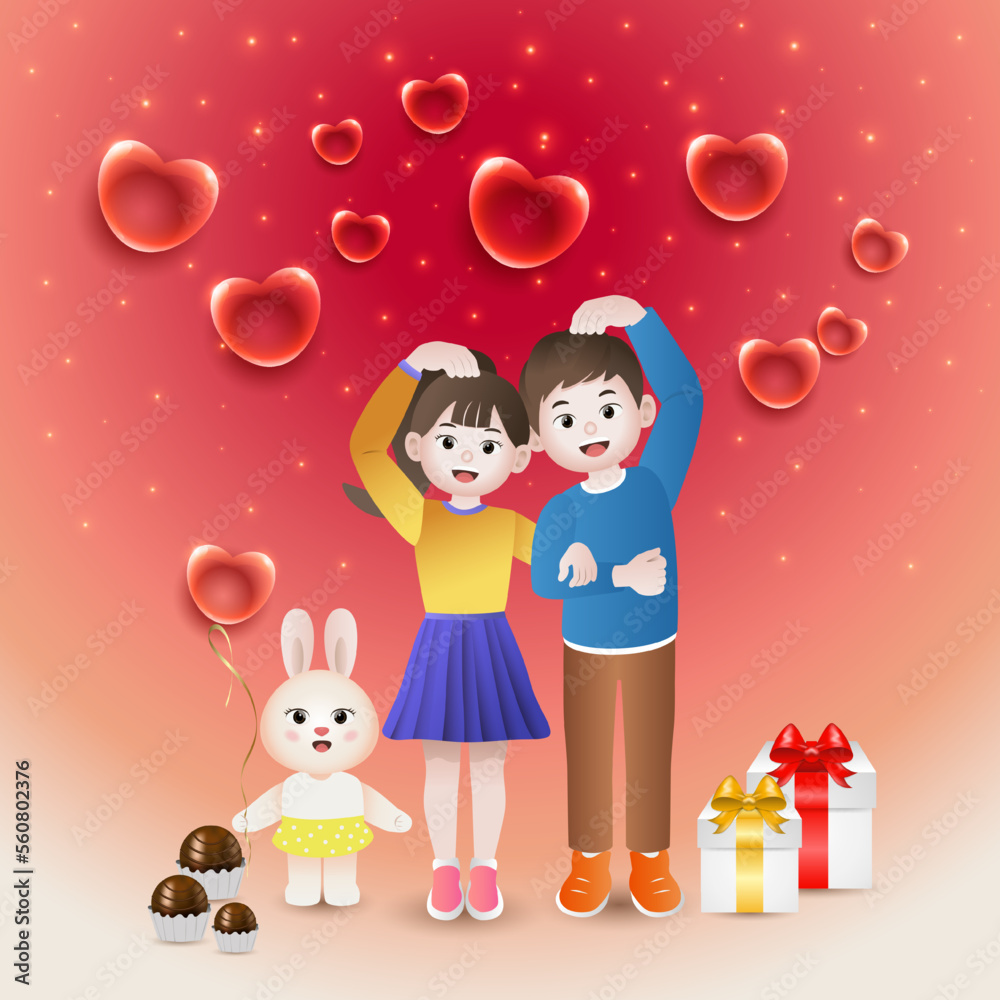 valentines day celebration card, heart shape balloons, with gift boxes, couple in love and pretty rabbit valentines day celebration card, heart shape balloons, with gift boxes, couple in love and pretty rabbit