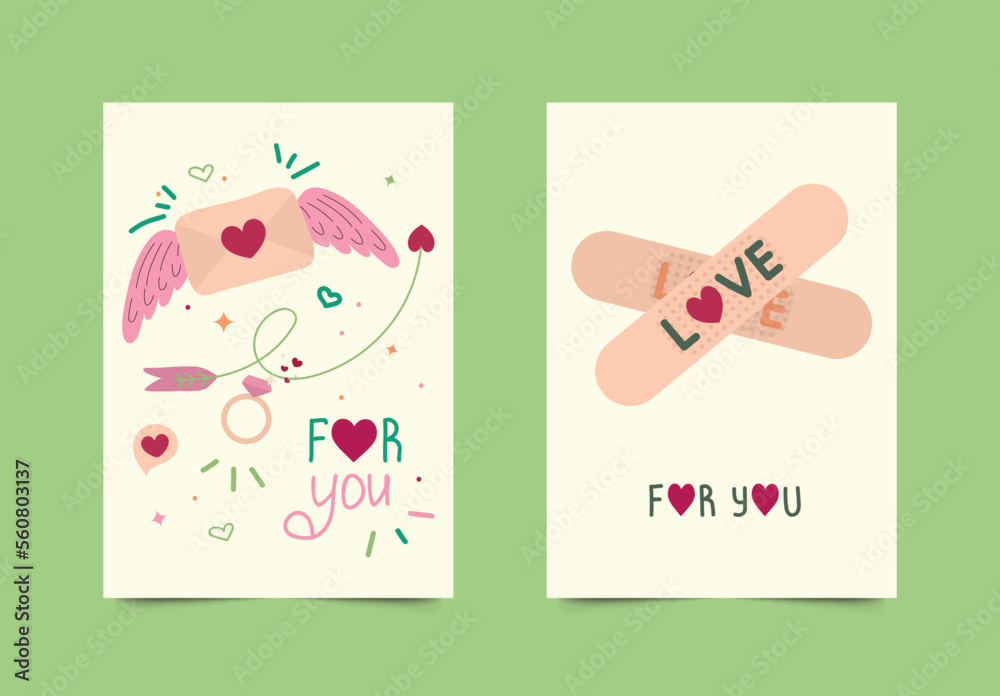 Set of hand drawn postcards. Valentine's day, birthday. Vector illustration