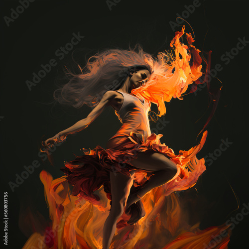 Sexy Woman Dancing with Extra Artist Flare Fire Flames Illustration - Generative AI