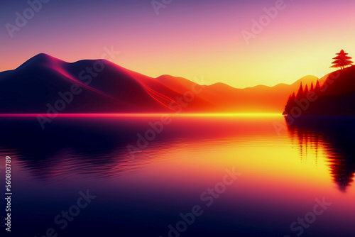 beautiful sunset in lake with hills and pine trees