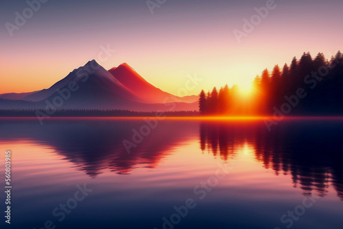 beautiful sunset in lake with hills and pine trees