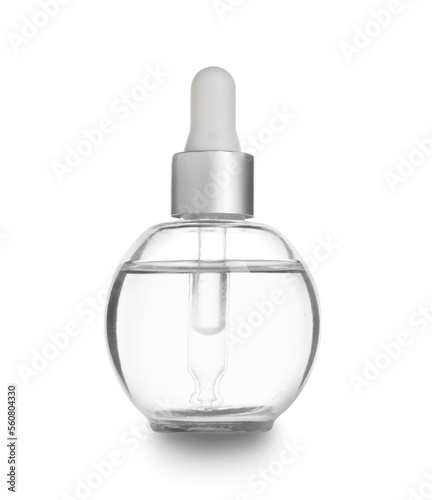 Glass bottle of natural serum isolated on white background