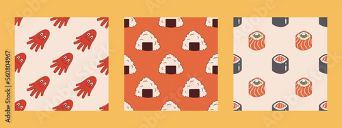 Vector set of seamless patterns with japanese food in retro style. Onigiri, sausage octopus, philadelphia roll and maki sushi. Collection of backgrounds with asian food 70s.