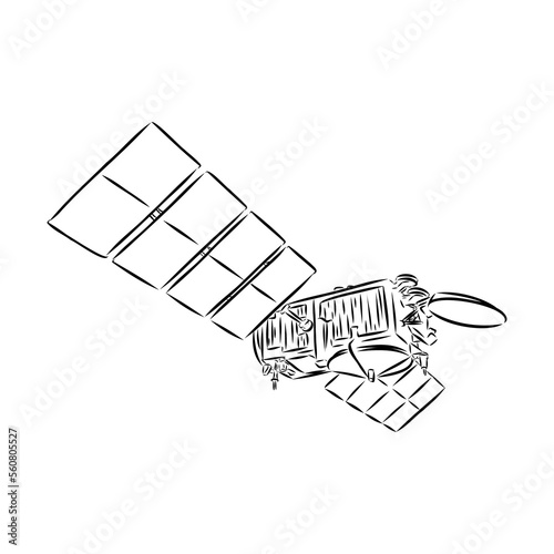 Satellite with dish antenna. Doodle style space satellite vector