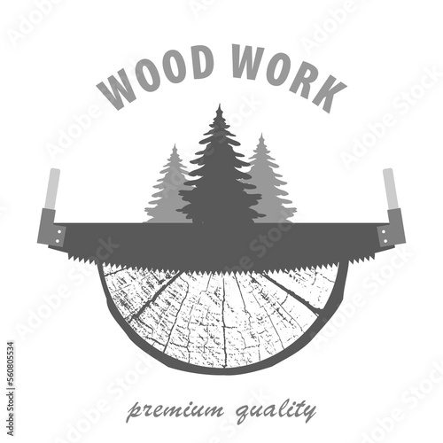 Wood work logo design template. Carpentry  professional service.  Cross section of a the tree and hand saw.  Logo in gray for your  design. EPS10.
