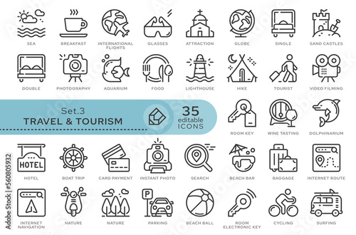 Set of conceptual icons. Vector icons in flat linear style for web sites  applications and other graphic resources. Set from the series - Travel and Tourism. Editable outline icon.   