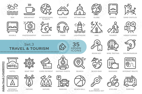 Set of conceptual icons. Vector icons in flat linear style for web sites, applications and other graphic resources. Set from the series - Travel and Tourism. Editable outline icon.	

