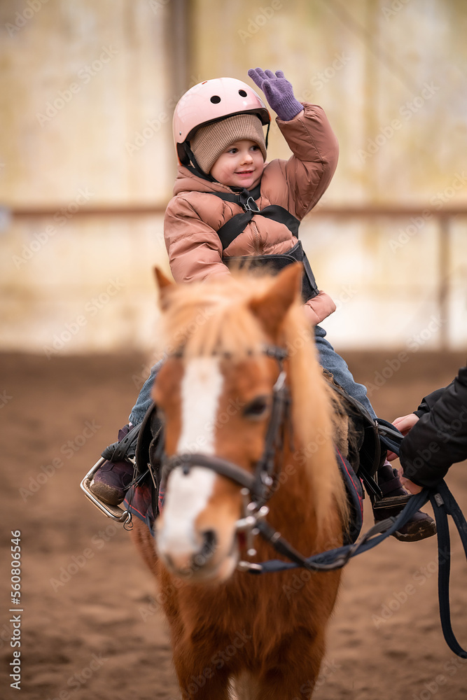 Fototapeta premium Little Child Riding Lesson. Three-year-old girl rides a pony and does exercises
