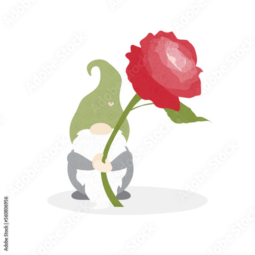 A gnome holding a rose, in a cut paper style with textures
