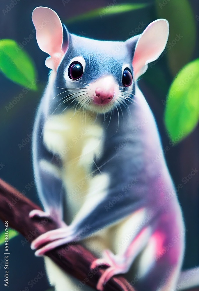 Funny adorable portrait headshot of cute sugar glider. Australian land animal standing facing front. Looking to camera. Watercolor imitation illustration. AI generated vertical artistic poster.