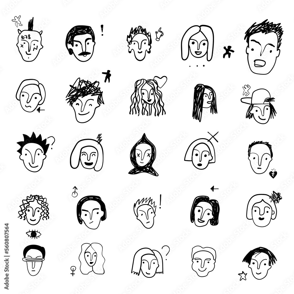 faces of teenagers doodles , vector cartoon design element  