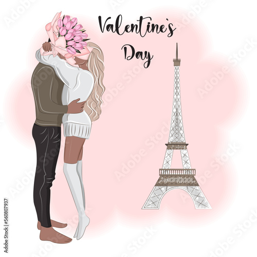 Couple in Paris near the Eiffel Tower  Valentine s Day vector illustration 3