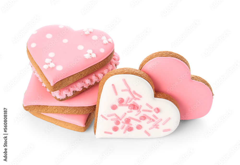Heap of tasty heart shaped cookies isolated on white background. Valentine's Day celebration Heap of tasty heart shaped cookies isolated on white background. Valentine's Day celebration