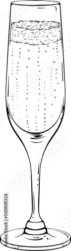 Champagne flute. A glass of sparkling wine in line art style. Vector illustrations in hand drawn sketch style isolated on white. Celebration elements. Alcohol drink for restaurant, cafe, party.