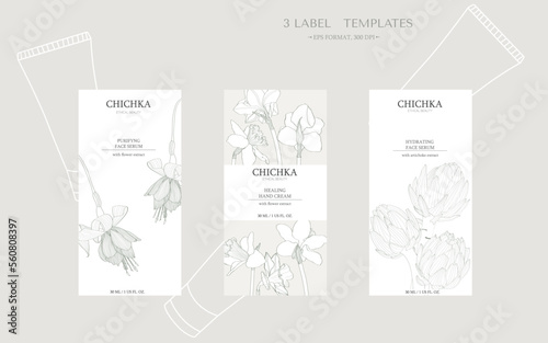 Set for cosmetics. Packing concept with flowers and artichokes. Natural, eco, bio cosmetics isolated on white background. Vector illustration of a sketch style.