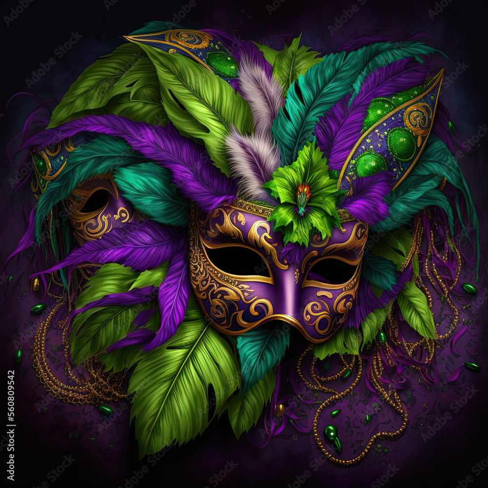 Green and Purple Jolly Jester Mardi Gras Mask, Generative AI