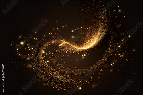 Shiny flow of glitter particles and bokeh golden shiny background on dark backdrop photo