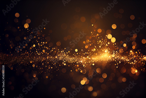 Fotografiet Shiny flow of glitter particles and bokeh golden shiny background on dark backdr