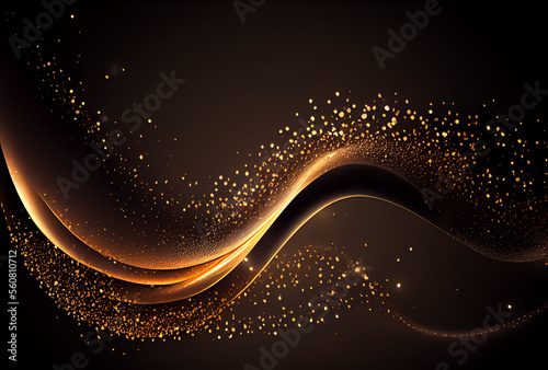 Shiny flow of glitter particles and bokeh golden shiny background on dark backdrop photo