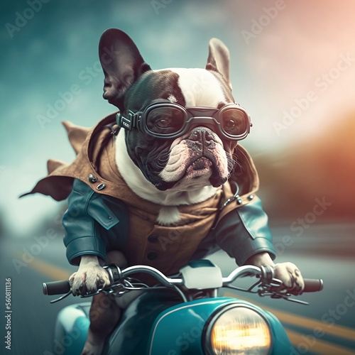 Print op canvas Riding in Style: Bulldog Motorcycle Illustration - Generated by AI