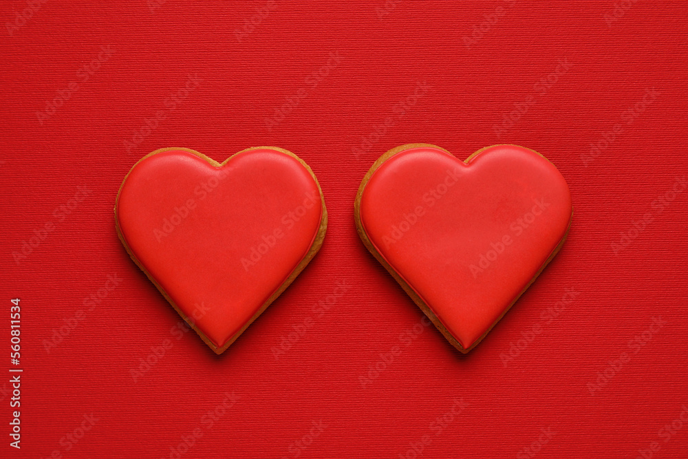 Sweet heart shaped cookies on red background. Valentines Day celebration Sweet heart shaped cookies on red background. Valentines Day celebration