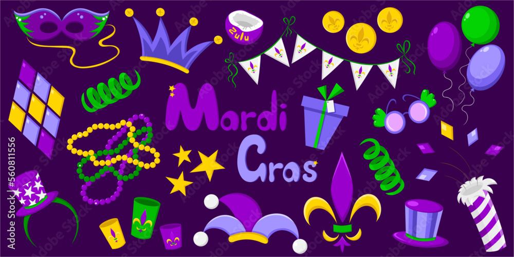 Bright colourful set on purple background for Mardi Gras celebration. Hat, crown, beads, symbol, balloon, serpentine, flag, coconut, mask, crystal, star. Doodle vector illustration in cartoon style Bright colourful set on purple background for Mardi Gras celebration. Hat, crown, beads, symbol, balloon, serpentine, flag, coconut, mask, crystal, star. Doodle vector illustration in cartoon style
