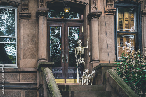 Fotografia Halloween decoration of skeleton holding dogs on leash in front of the building'
